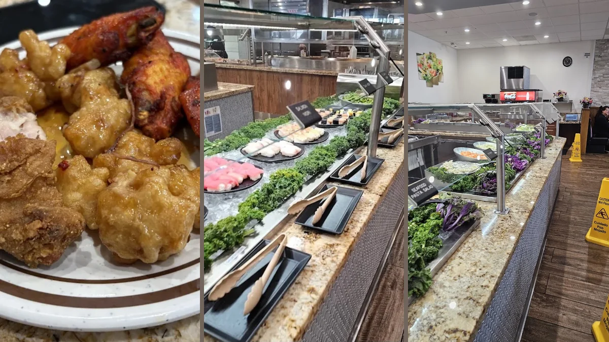 Buffet counters with trays of hot food