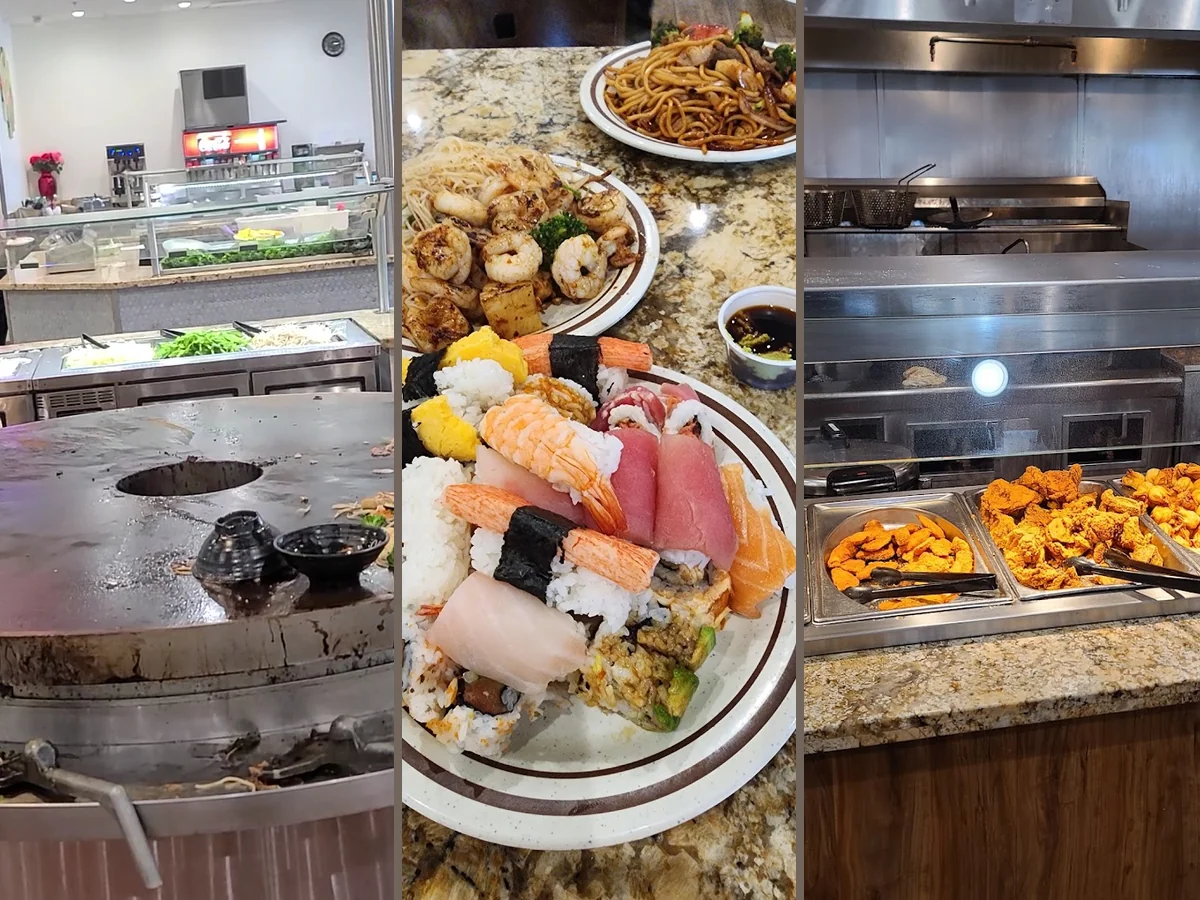 Casual restaurant seating near the serving line