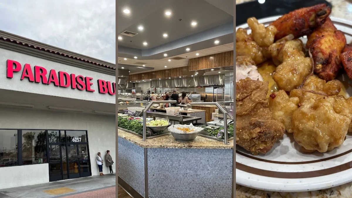 Buffet counters with trays of hot food