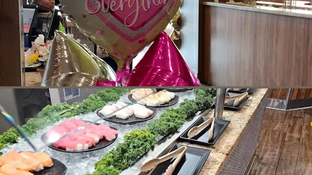 Dining room tables beside a self-serve buffet