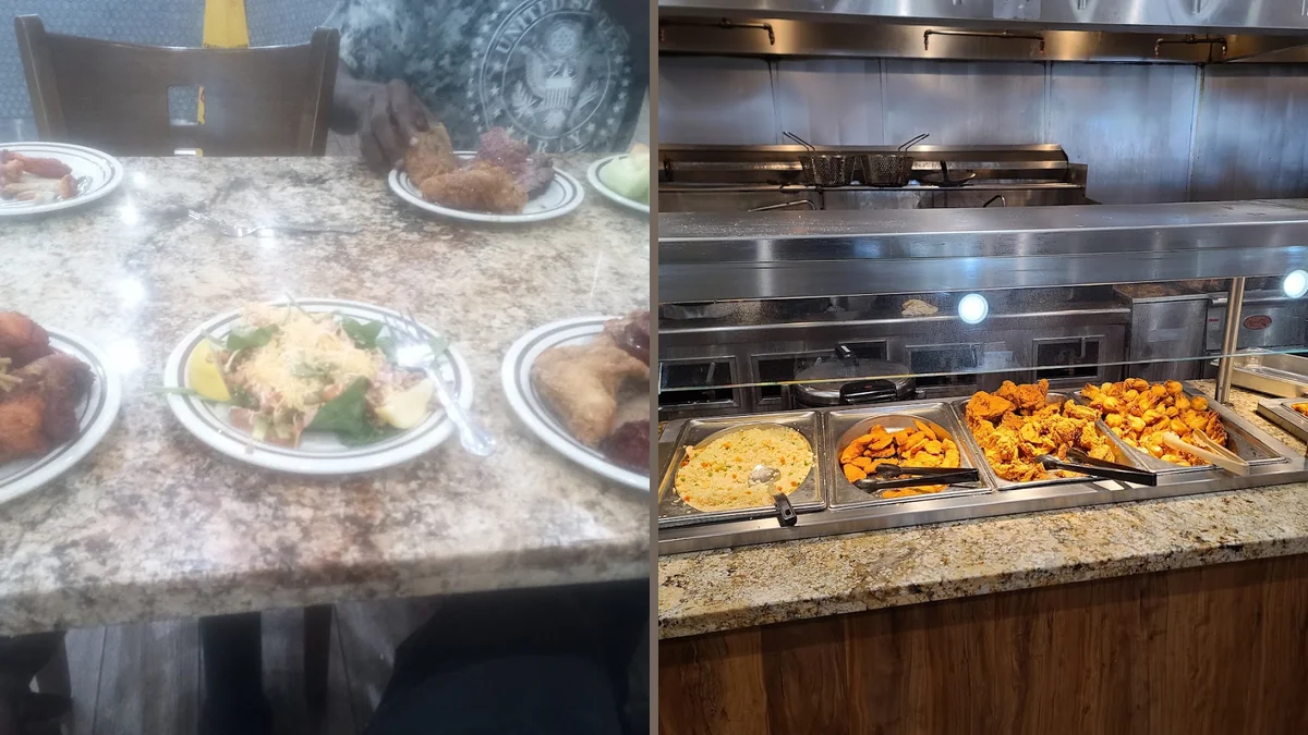 Casual restaurant seating near the serving line