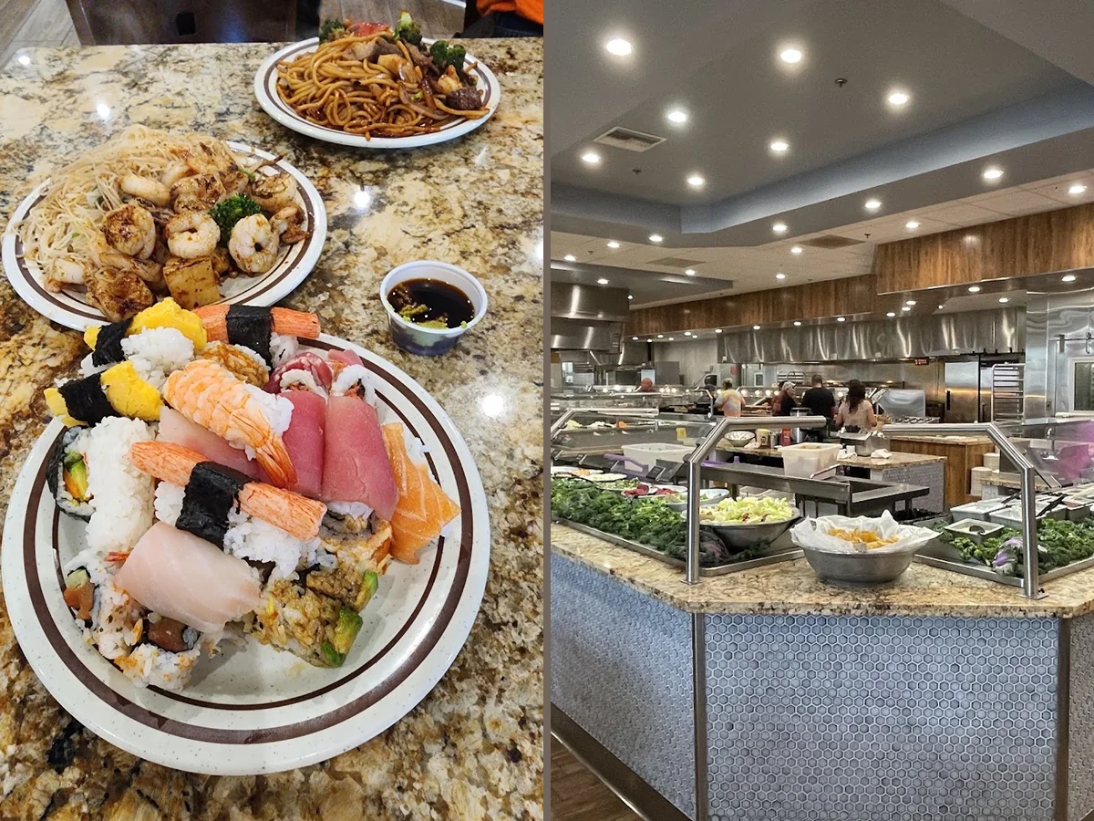 Buffet counters with trays of hot food