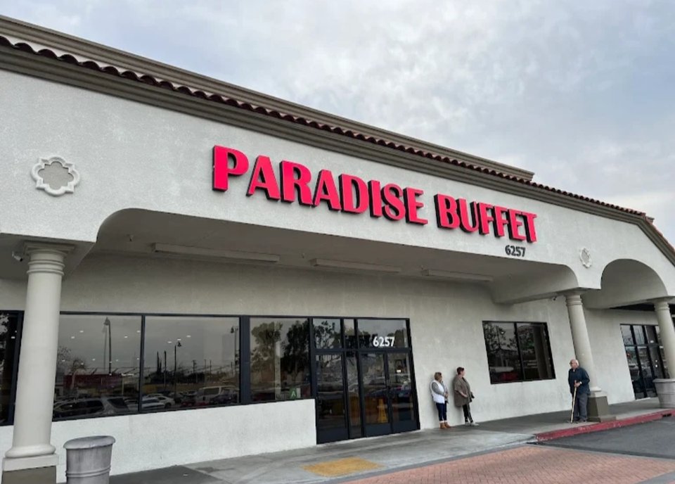 Wide view of a buffet restaurant interior