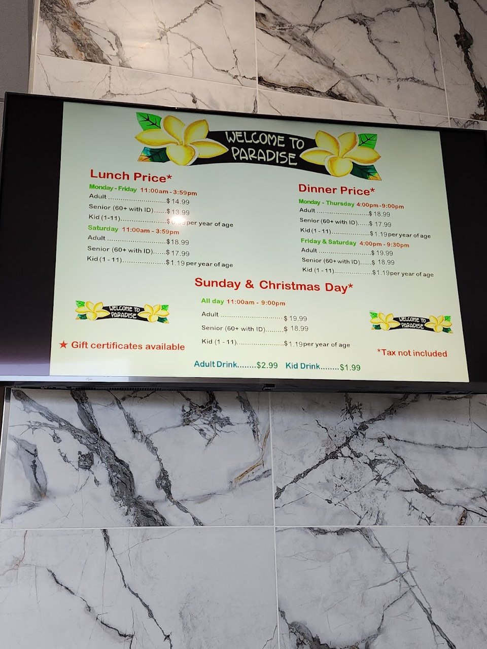 Menu board listing lunch and dinner options
