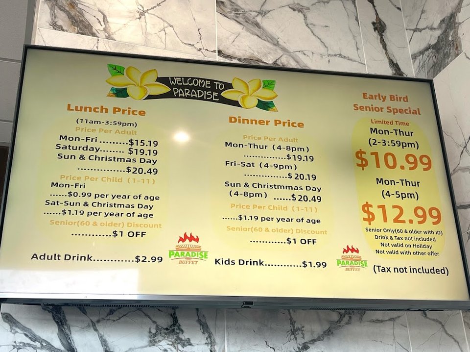 Close-up of menu text for buffet rates